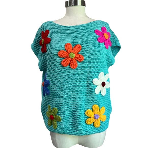 BiBi Blue Teal Floral Crochet Knit Short Sleeve Sweater Top Sz M - Picture 2 of 8